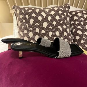 Elegant Good American Black Satin Rhinestone sandals w/kitten heels.  Size 13